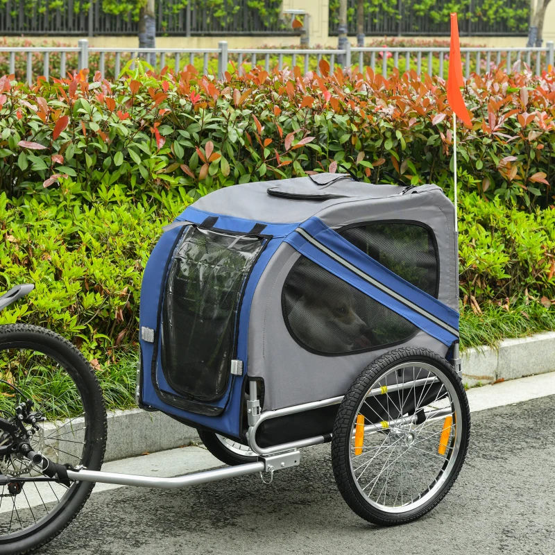 PawHut Carrello per Cani con Reti protettive, Bandierine e Catarifrangenti, 130x73x94 cm, Blu e Grigio