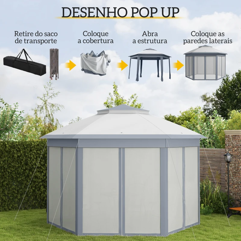 Outsunny Tenda Dobrável 4x3,4 m Tenda de Jardim Hexagonal com Duplo Tecto 6 Mosquiteiras Destacáveis e Saco de Transporte Cinzento