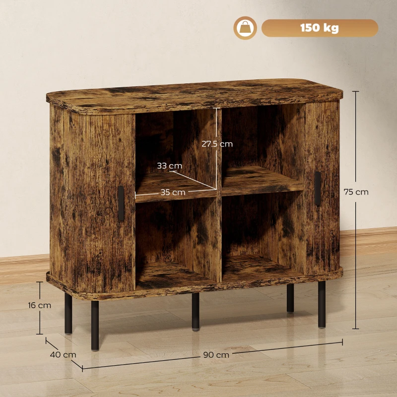 HOMCOM Mid-Century Modern Sideboard Storage Cabinet with Slatted Tambour Sliding Doors, Kitchen Cabinet with Steel Legs, Rustic Brown