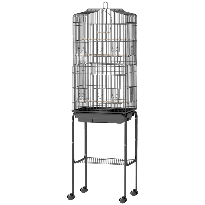 PawHut Jaula para Pájaros con Soporte Jaula Metálica con Ruedas Bandeja Extraíble y Estante 46,5x36x157 cm Negro