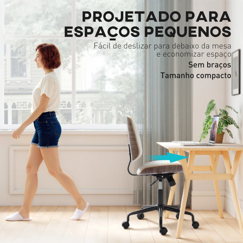 HOMCOM Cadeira de Escritório sem Braços Giratória Estofada em Couro Sintético com Encosto Curvado Assento em Forma de U Altura Ajustável Basculante 48,5x53x88-98 cm Branca