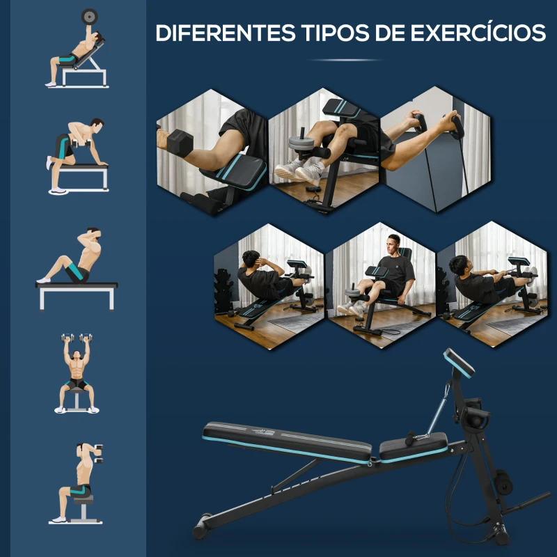 HOMCOM Banco de Musculação com Encosto Ajustável em 7 Posições Extensão de Pernas e Banda de Resistência 54x160x106cm Preto e Azul