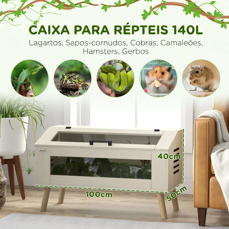 PawHut Terrário para Répteis com Vidro Temperado e Tampa Basculante para Cobras e Lagartos 100x50x60 cm Carvalho