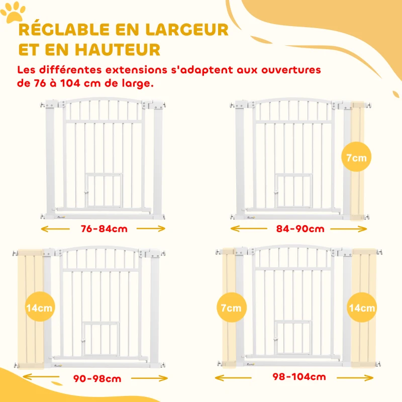 PawHut Barrière de sécurité chien système de double verrouillage montage par pression ou perçage largeur 76-104 cm blanc