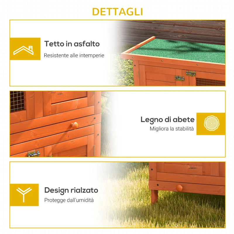 PawHut Gabbia a Due Piani per Conigli, Conigliera da Esterno in Legno di Abete, 90x45x90 cm, Legno e Verde