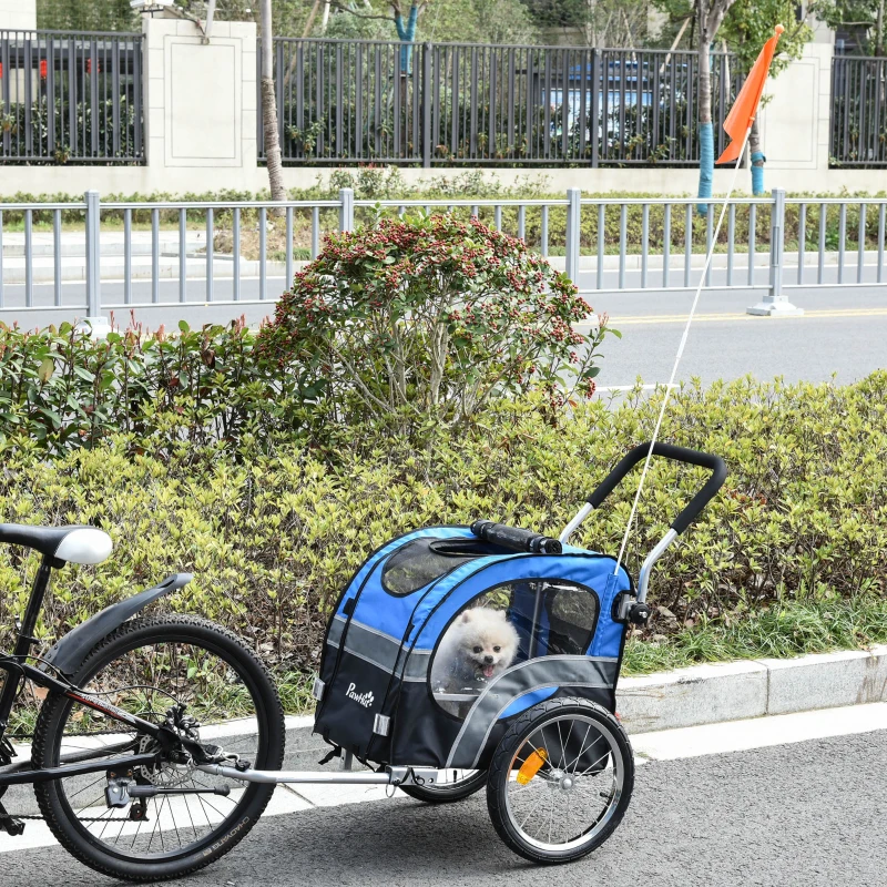 PawHut Carrello 2 in 1 Passeggino per Cani e Rimorchio Bici, Ruota Girevole Catarifrangenti e Bandierina 130x58x94cm Blu