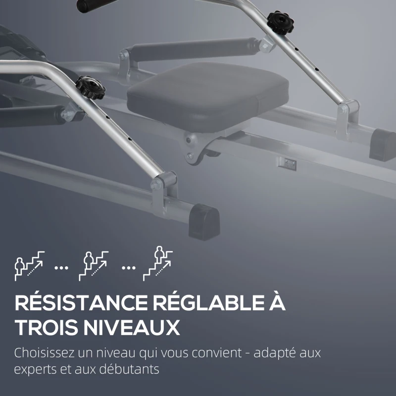 Rameur d'appartement pliable - Collaboration Aosom.fr x FFHandball - 3 niveaux de résistance écran multifonction, acier