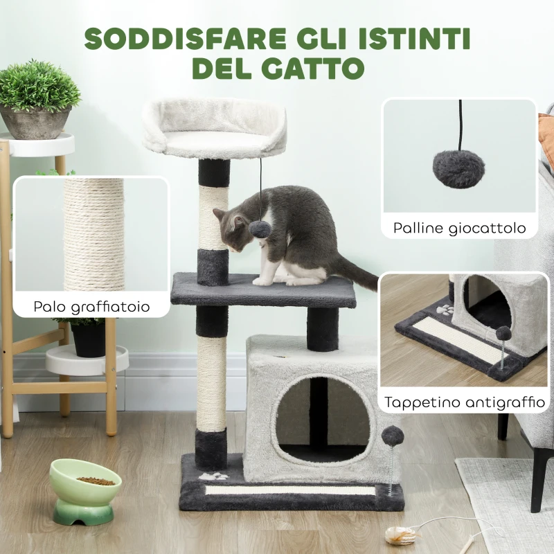 PawHut Albero Tiragraffi per Gatti Alto 85 cm con Casetta, Lettino, Pali e Tappetino Tiragraffi, Grigio