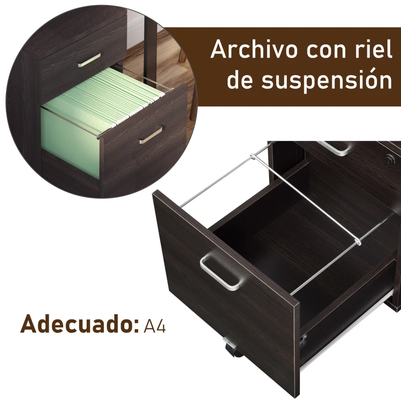 Vinsetto Archivador Móvil para Archivos A4 con Ruedas Gabinete de Archivos Suspendidos 2 Cajones Cerradura 40x45x55,6 cm wengué