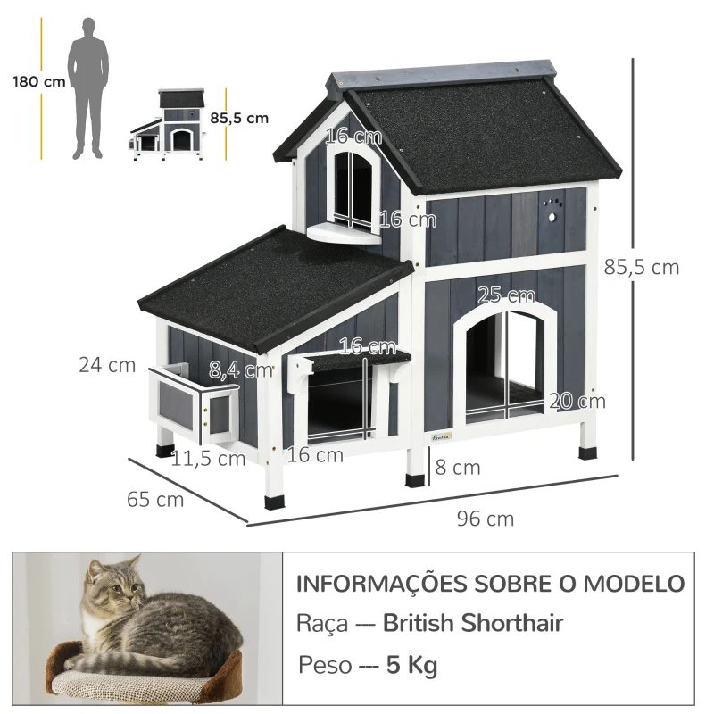 PawHut Casa para Gatos de Madeira com Suporte para Flores de 2 Níveis e Teto Asfáltico 96x65x85,5 cm Cinza