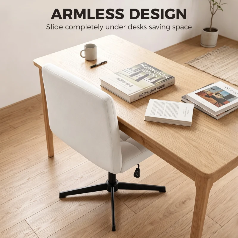 HOMCOM Armless Office Chair, Cross Legged Linen Computer Desk Vanity Chair with Wide Seat, Rocking Function, Beige
