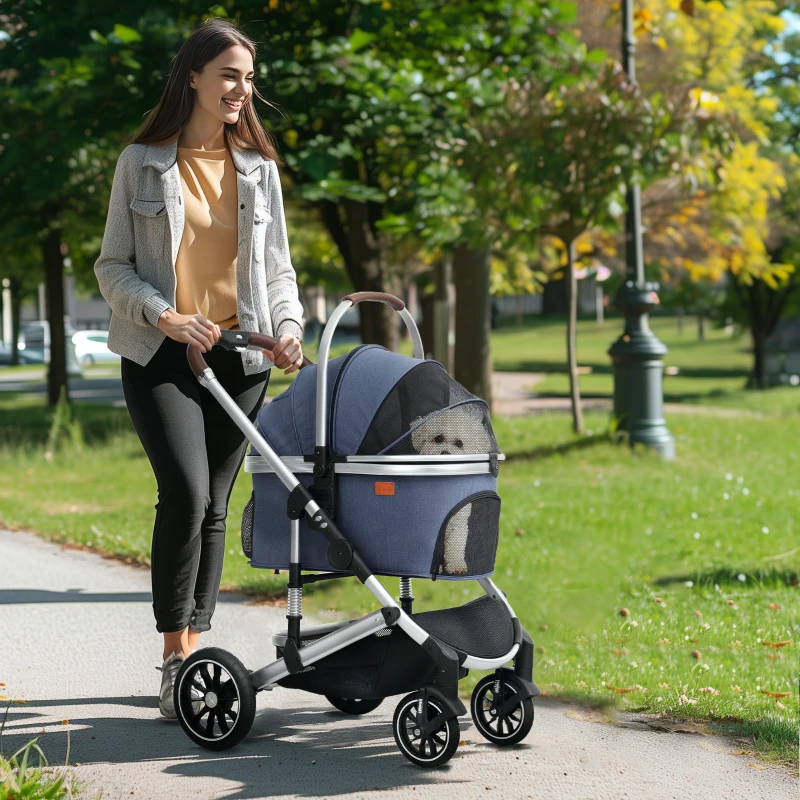 PawHut 3 in 1 Opvouwbare Hondenbuggy voor Katten tot 10 kg, met Kussen en Bekerhouder, Donkerblauw