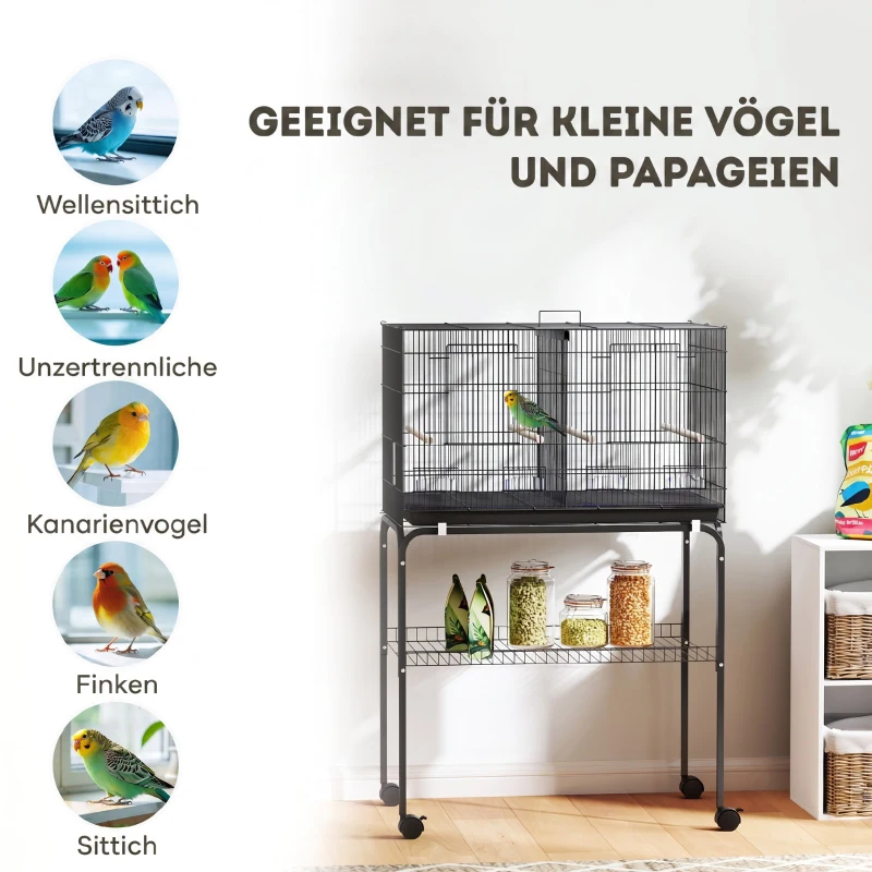 PawHut Vogelkooi/Vogelvolière met Wielen, 2 Deuren, 4 Zitstokken, Opbergplank, Metaal, 76 x 46 x 116 cm, Zwart