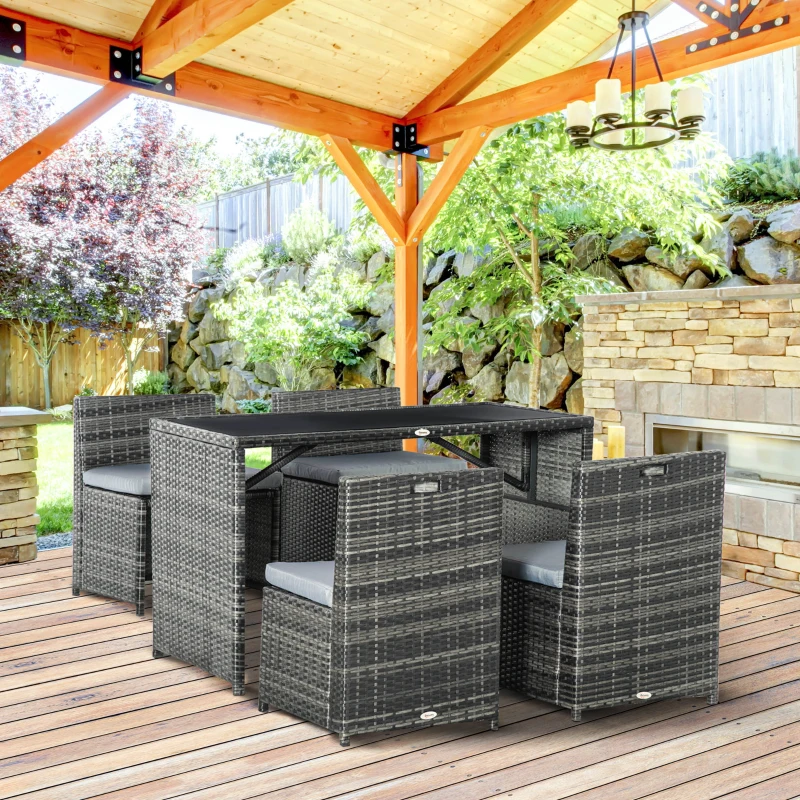 Outsunny 5 stuks Polyrattan tuinmeubelen rotan dining set tuinset grijs