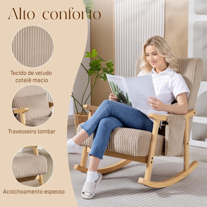 HOMCOM Poltrona Baloiço Moderna em Veludo Cotelê com Apoio para os Braços Almofada Lombar e Bolso Poltrona de Amamentação 65x90x98 cm Castanho Claro