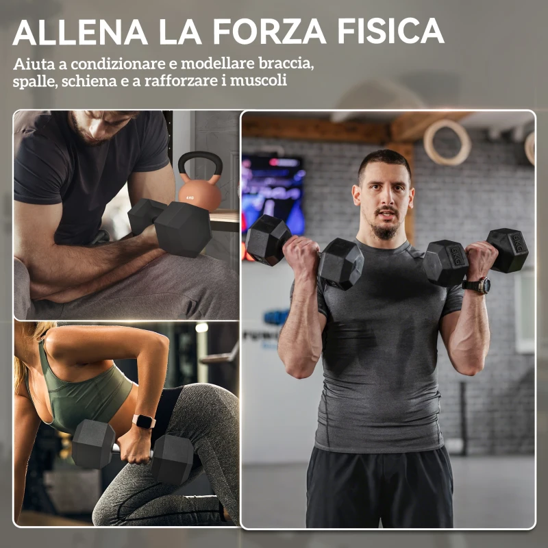 HOMCOM Set di 2 Manubri da 6 kg Esagonali con Presa Antiscivolo e Rivestimento in Gomma, Nero