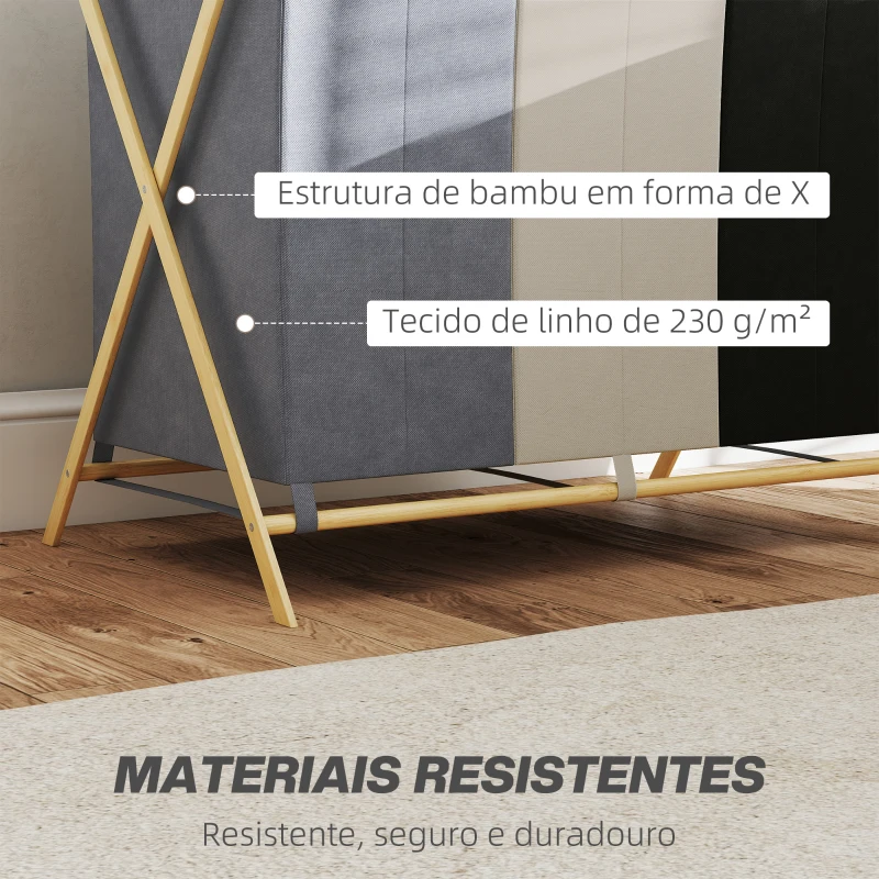 HOMCOM Cesto para Roupa Suja Dobrável com 3 Compartimentos Capacidade 129L com Estrutura de Bambu e Sacos Removíveis Multicolor