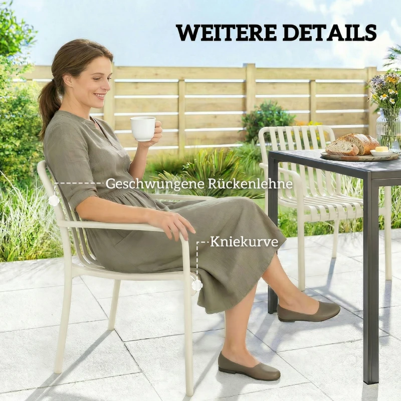 Outsunny Gartenstühle 4er Set Stapelbare Terrassenstühle mit Lamelldesign Armlehnen, Ergonomisch Cremeweiß