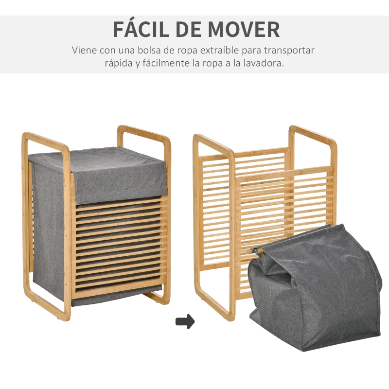 HOMCOM Cesto para Ropa Sucia de Bambú Cesto Rectangular de Ropa Portátil con Tapa y Bolsa Extraíble Mueble de Baño Dormitorio 40x35,5x60,5 cm Color Natural y Gris