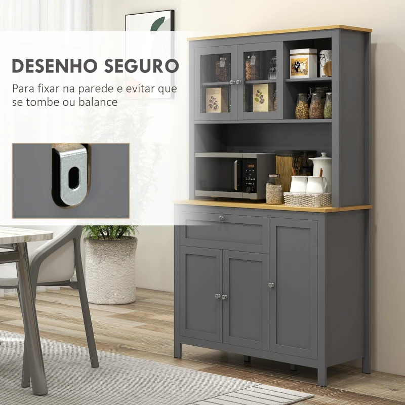 HOMCOM Armário de Cozinha Alto com 5 Portas Prateleira Ajustável, Gaveta Bancada Aberta para Microondas Orifício para Cabo 100x40x180 cm Cinza