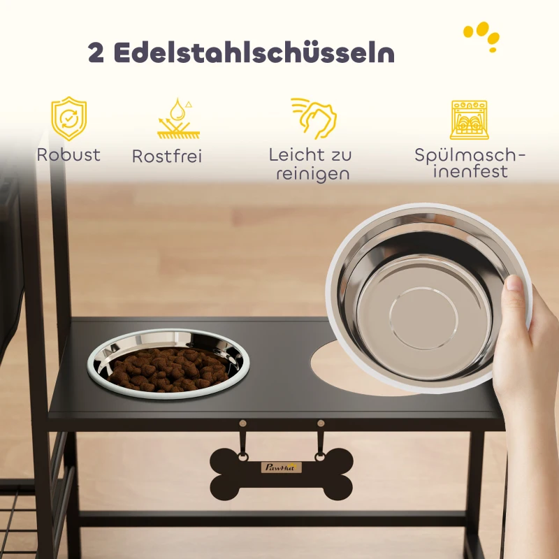 PawHut Verhoogde hondenkom hoogteverstelbaar Voerbak met opbergruimte Drinkkom 2 x 800 ml roestvrijstalen kommen 89,5x27x74 cm Zwart