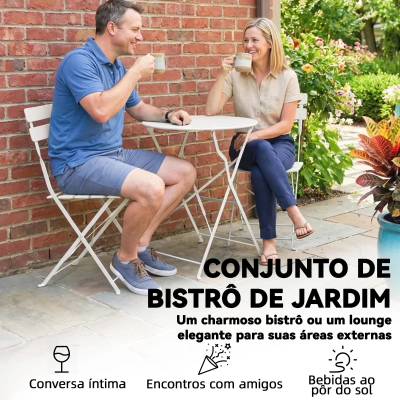Outsunny Conjunto de Jardim Dobrável com 2 Cadeiras Dobráveis Mesa Redonda Estrutura Metálica Eletroforética para Varanda Creme