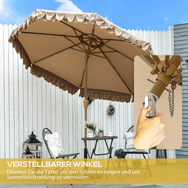 Outsunny parasol, met franje, kantelbaar, met handslinger, staal+polyester, kaki, Ø265 x 235,5 cm