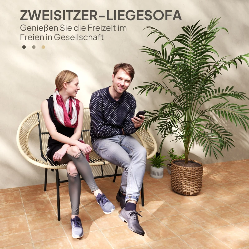 Outsunny 2-zits Tuinbank Polyrattan, weerbestendige Bank in Rattanvlecht-Design, UV-bestendig tot 260kg belast, Khaki