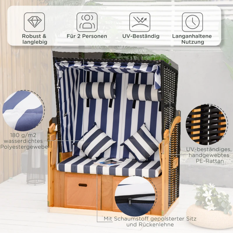 Outsunny strandstoel met dak rotan look klaptafel blauw 118 x 79 x 150 cm(m-5)