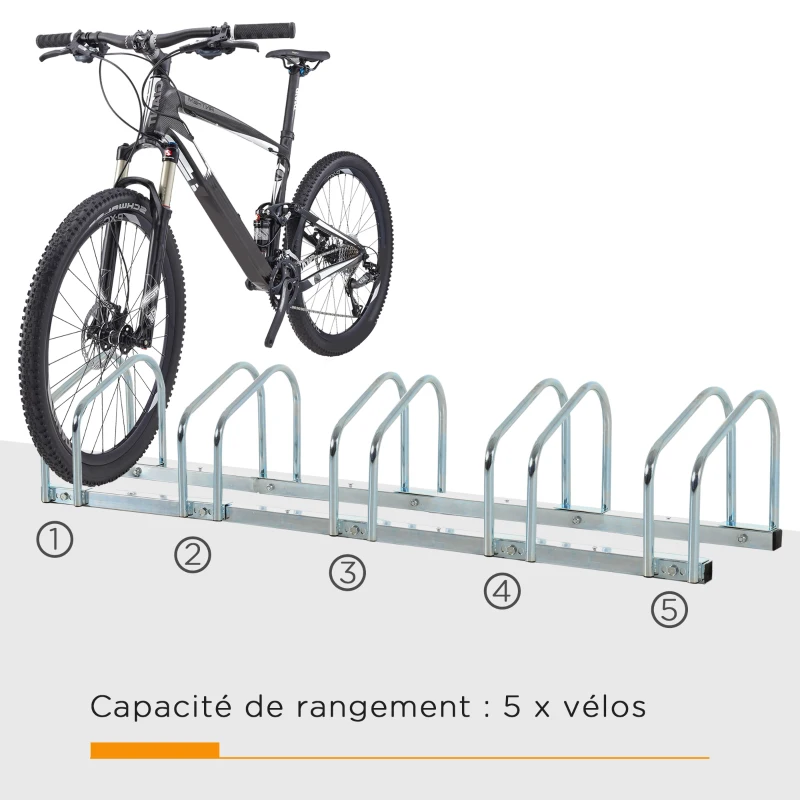 HOMCOM Râtelier 5 vélos range-vélos support de rangement pneu 65 mm sol ou mural pour VTT enfants BMX 145 x 33 x 27 cm acier argent