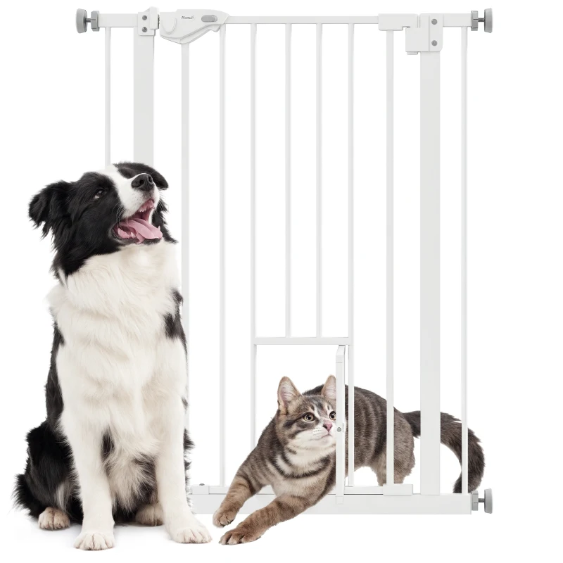 PawHut Deurhekje met Kattenluikje, Montage Zonder Boren, Variabele Breedte 74-80 cm, Met Één Hand Te Openen, Metaal, Wit