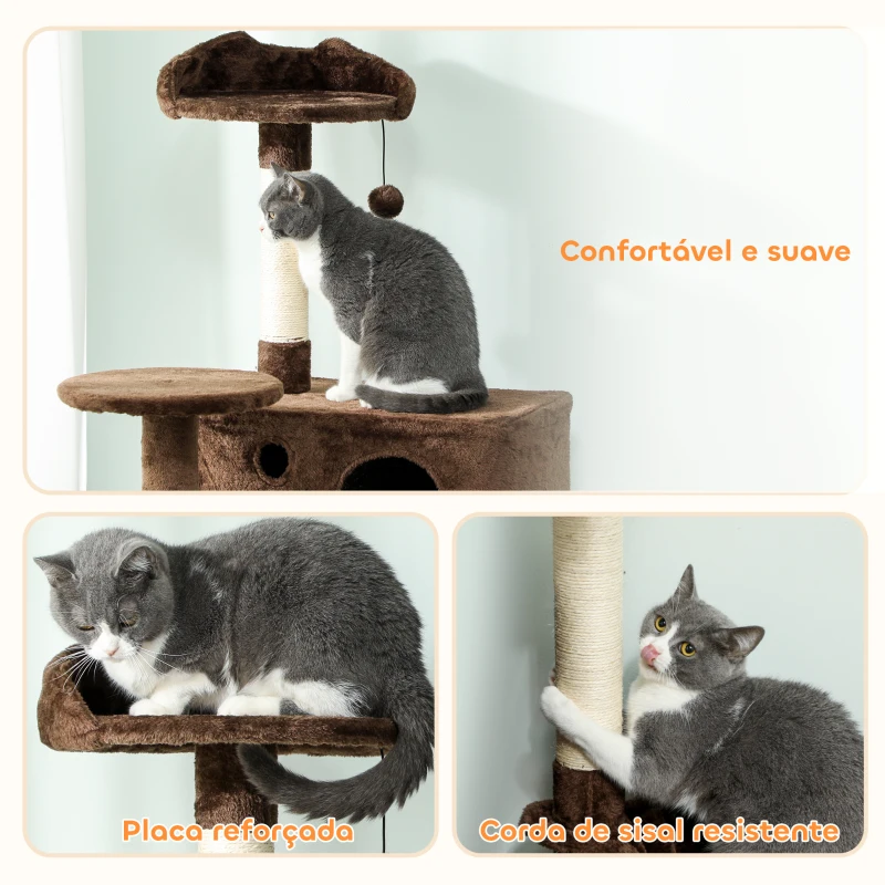 PawHut Arranhador para Gatos com Múltiplas Plataformas Cama 2 Cavernas Rede Escada Postes de Sisal 48x48x140 cm Marrom