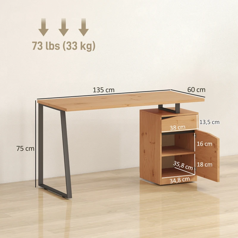 HOMCOM Escritorio para ordenador con armario y cajón 135 x 60 cm, estantería ajustable, patas de metal, estilo industrial, madera natural