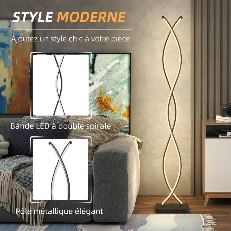 HOMCOM Lampadaire sur pied salon, lampe salon 3 niveaux de luminosité réglables à double spirale avec interrupteur à pied, noir
