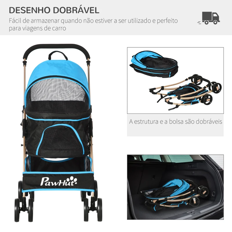PawHut Carrinho para Animais de Estimação 3 em 1 Dobrável com Bolsa de Transporte Cesta de Armazenamento e Travão 82x49,5x98cm Azul