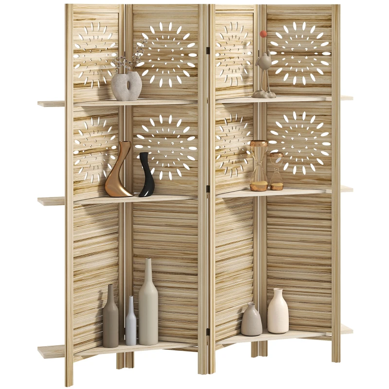 HOMCOM Paravent intérieur 4 panneaux et 3 étagères, 160 x 170 cm, séparateur de pièce pliable, bois de paulownia, bois naturel