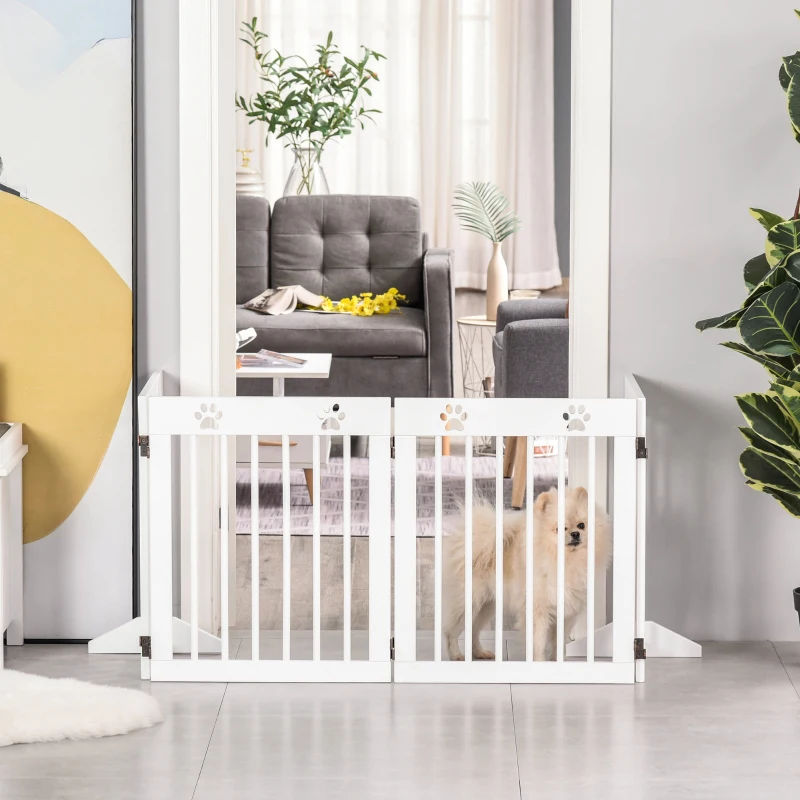 PawHut Cancellino per Cani taglia Piccola Pieghevole con Piedini Rimovibili, Cancelletto di Sicurezza in Legno di Pino, 204x30x61 cm, Bianco