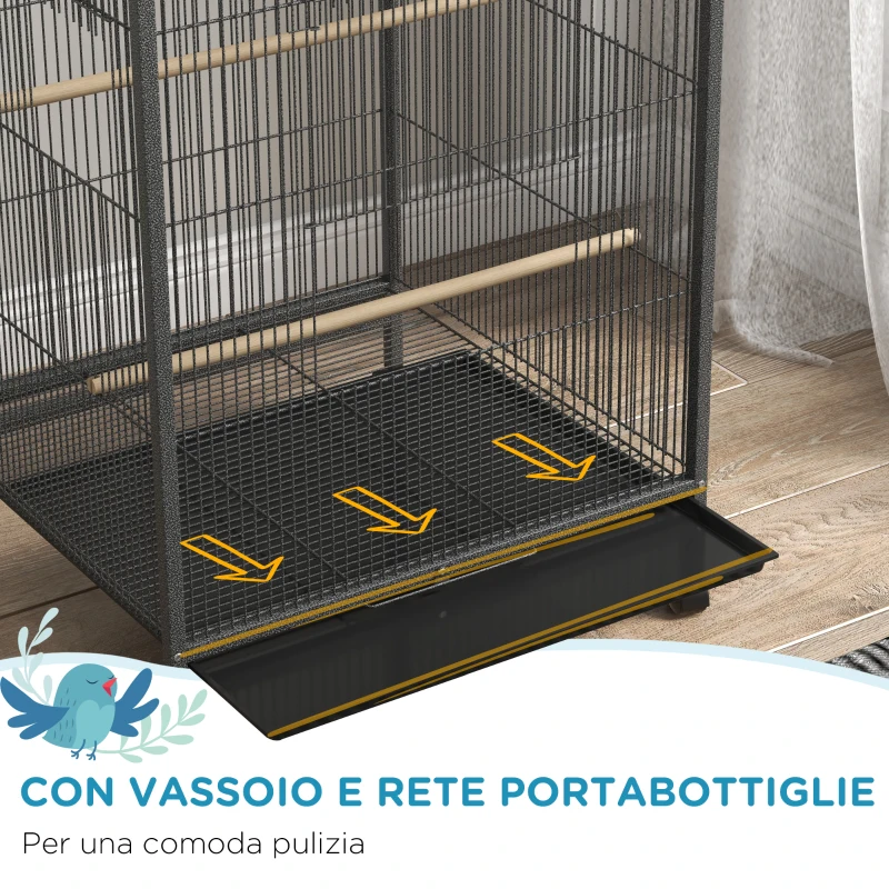 PawHut Gabbia per Uccelli in Acciaio e PP con 5 Porte, 2 Posatoi e Vassoio Estraibile, 48x46x78 cm, Grigio