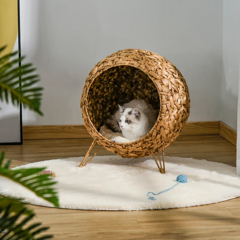 PawHut Cesta per Gatti Adulti Fino a 5kg, Cuccia per Gatti in Rattan Sintetico Marrone Φ52x58cm