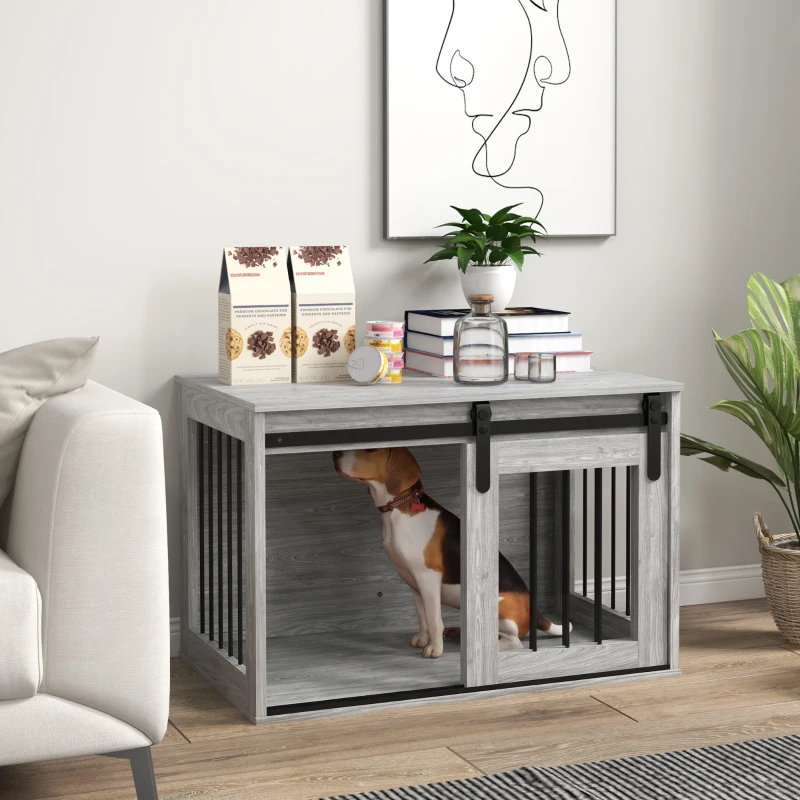 PawHut Cage caisse pour chien animaux intérieur porte coulissante, métal effet bois, dim. 57H x 80L x 54l cm