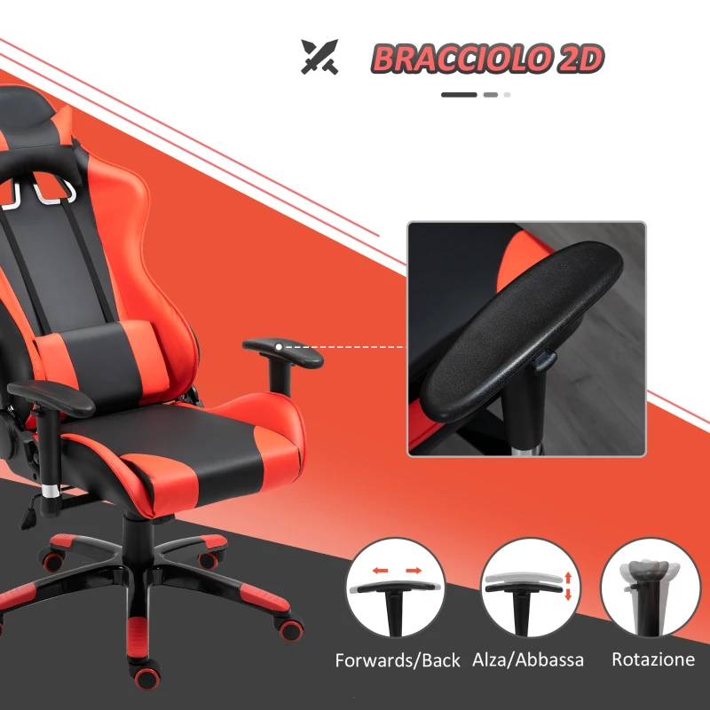 HOMCOM Sedia Gaming Professionale Girevole，Sedia da Ufficio Reclinabile con Sostegno Lombare e Collo PVC 67 x 67 x 123-132cm Nero-rosso
