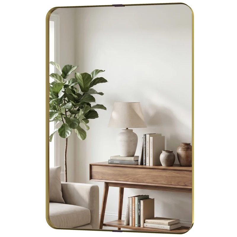 HOMCOM Rectangular Wall Mirror, 90 x 60 cm Wall Mounted Bathroom Mirror w/ Aluminium Alloy Frame and Tempered Glass, Gold Tone