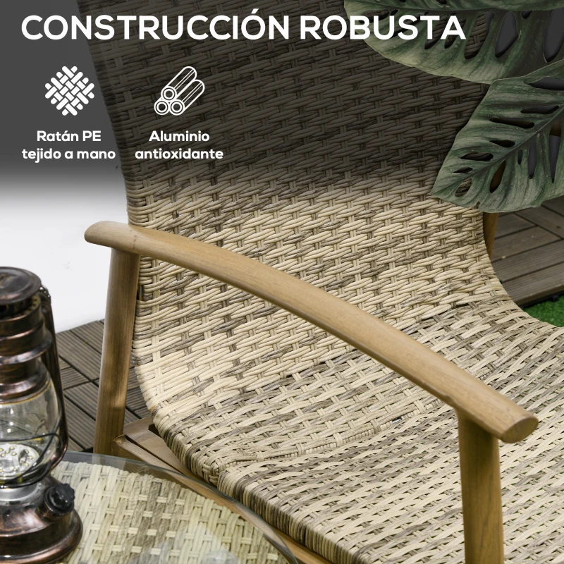 Outsunny Juego de 3 Piezas Sillas y Mesa de Ratán con Marco de Aluminio Incluye 2 Sillas 1 Mesa y Cojines Natural y Marrón