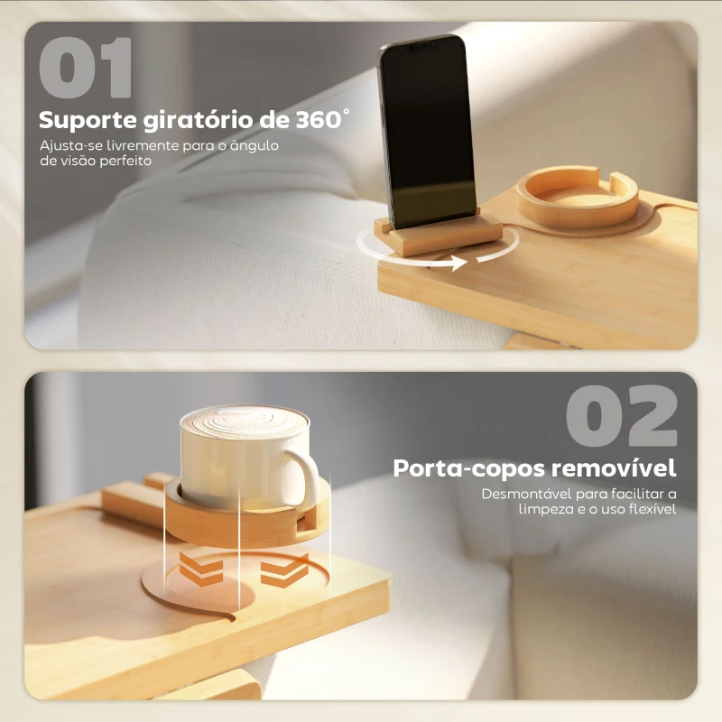 HOMCOM Bandeja para Apoio de Braço de Sofá em Bambu com Porta-Copos Extraível e Suporte Giratório 360° 33x23x5 cm Madeira