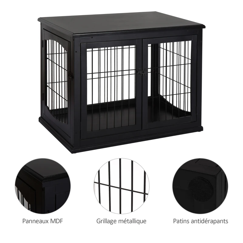 PawHut Cage pour chien animaux meuble cage chien intérieur en bois MDF classe E1 3 portes verrouillables max. 30 Kg dim. 81L x 58l x 66H cm noir