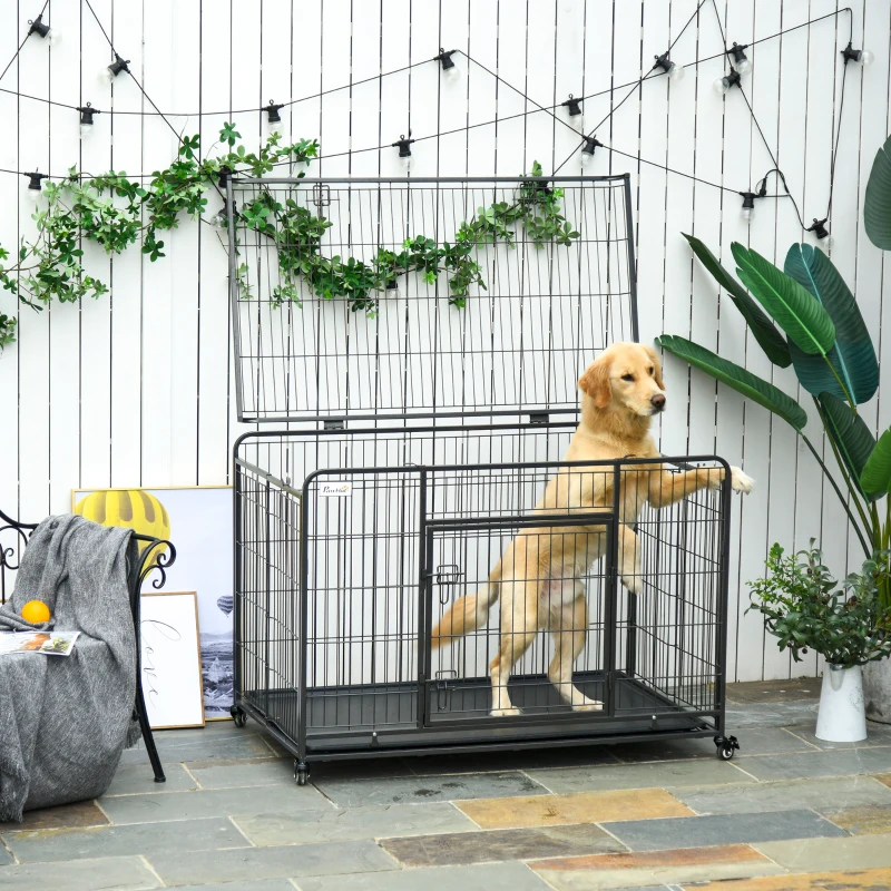 PawHut Cage pour chien pliable cage de transport sur roulettes 2 portes verrouillables plateau amovible dim. 125L x 76l x 81H cm métal gris noir