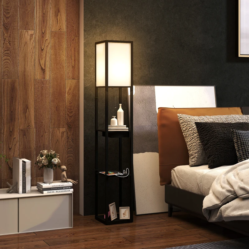 HOMCOM Lampadaire avec étagères moderne à LED avec port USB A+C, interrupteur à pied pour salon, chambre, bureau, noir
