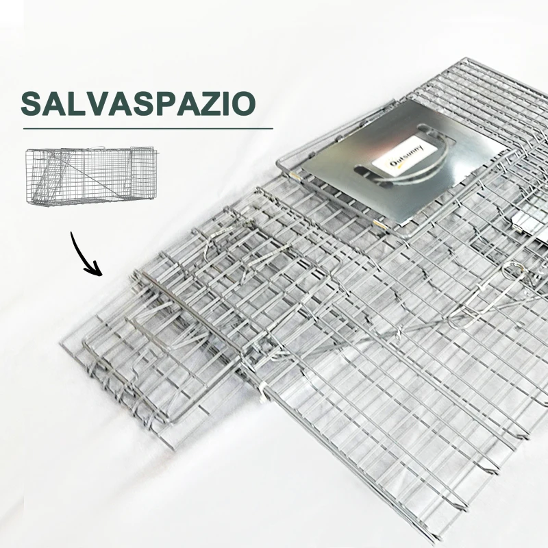 Outsunny Gabbia Trappola per Animali Vivi Pieghevole in Acciaio, 81x26x34.5cm, Argento