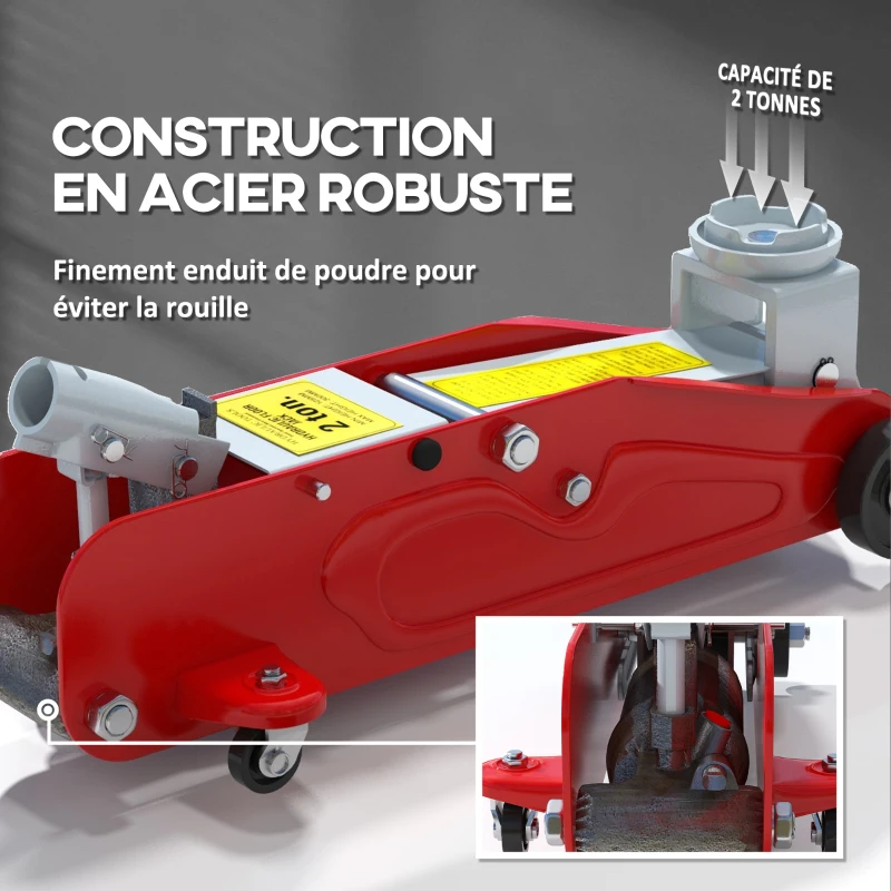 HOMCOM Cric hydraulique à profil bas en acier robuste, Charge maximale de 2000 kg, capacité de levage de 12 à 30 cm, rouge