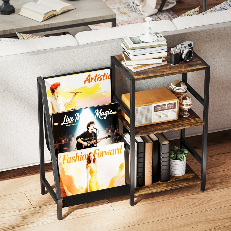 HOMCOM 3-Tier Record Player Stand, End Table for Living Room, Bedroom - Rustic Brown